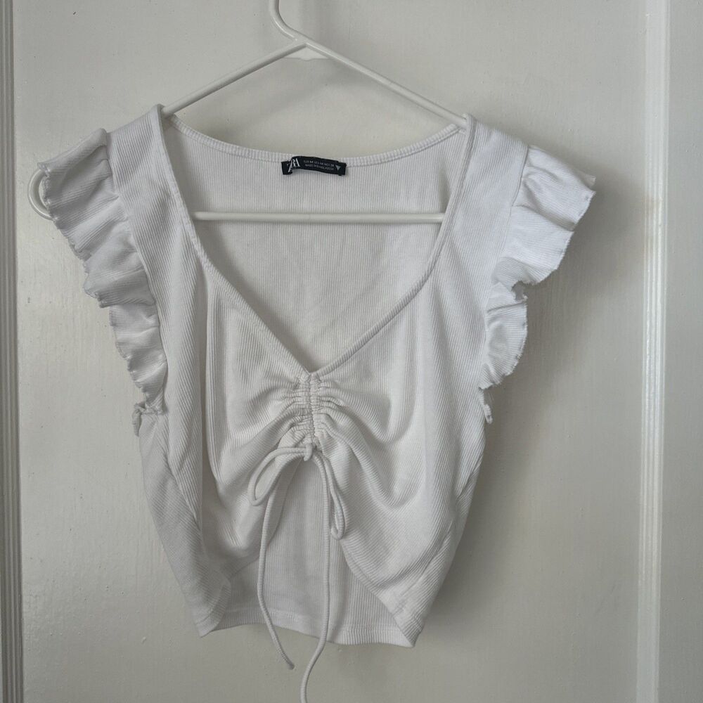 Zara White Ruffle Crop Top Women's Medium